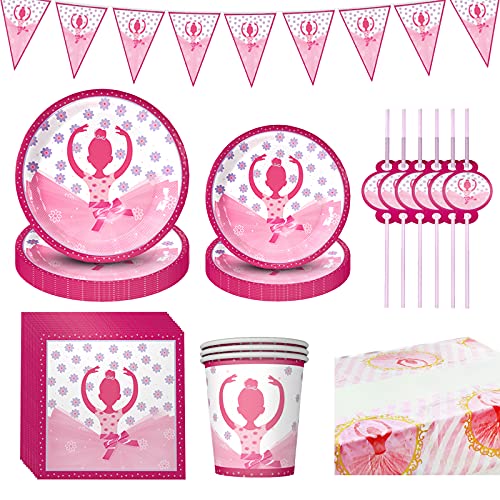Houstory 82 Pieces Ballerina Girl Birthday Party Kit, Include Ballerina Dance Girl Plates, Glasses, Tablecloth, Napkins, Straws, Cutlery