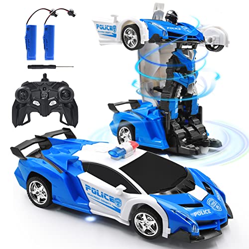 Zahooy Police RC Car Robot for Kids,Remote Control Transforming Robot Car Toy,One Key Deformation Robot Car,One-Button Auto Demo&360 Rotate Speed Drifting &Rechargable for Boys Girls Adult Gifts