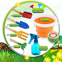 Load image into Gallery viewer, JoyTown Kids Gardening Tool Set Real Metal Gardening Tools Includes Shovel, Rake, Trowel &amp; Fork, Childrens Garden Kit with Hat, Apron, Gloves, Tote Bag, Sprayer and Bucket, Outdoor Gardening Gifts
