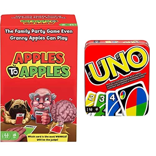 Apples to Apples Party Box [Packaging May Vary] & UNO Family Card Game, with 112 Cards in a Sturdy Storage Tin, Travel-Friendly, Makes a Great Gift for 7 Year Olds and Up [Amazon Exclusive]
