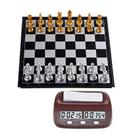 LXLTL Folding Magnetic Travel Chess Set, for Kids Or Adults Chess Board Game with Digital Professional Chess Timer (Gold&Silver Chess Pieces),32x32cm