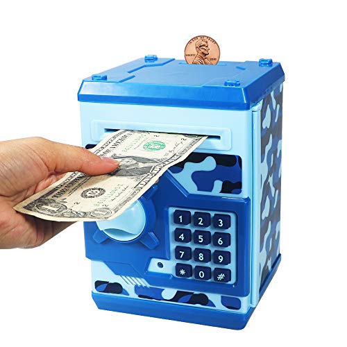 Kelibo Electronic Money Bank for Kids, Elctronic Password Security Piggy Bank Mini ATM Cash Coin Saving Box Smart Voice, Toy Gifts Birthday Gift for Children (Camouflage Blue)