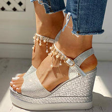 Load image into Gallery viewer, HIRIRI Womens Strappy Platform Wedge Sandals Open Toe High Heeled Gladiator Sandals Crystal Pearl Shoes Silver
