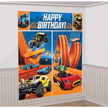 Load image into Gallery viewer, Amscan Fast Riding Hot Wheels Wild Racer Birthday Party Scene Setters Wall Decorating Kit, Multi Colored, Plastic, 59&quot; X 65&quot;, 5Piece Party Decorations
