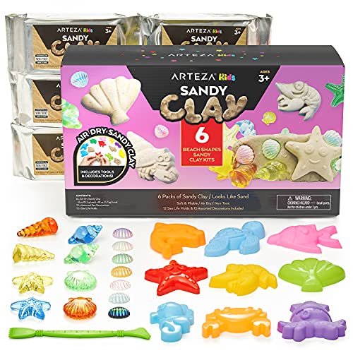 Arteza KidsAir-Dry Modeling ClayKit, 6 x 8-oz Packs, 12 SandyClay Moldsand 15 Assorted Sea-Life Beach Decorations, Soft, Pliable, Supplies forKidsCraftsandSensory Play