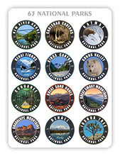 Load image into Gallery viewer, Collection 2.0 X 2.0 Stickers Set 63 National Parks USA Complete Collection Round Stickers. Map of US National Parks.
