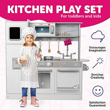 Load image into Gallery viewer, Play Kitchen - Wooden Kitchen Playset for Toddlers and Big Kids - Mini Pretend Toy Kitchen for Boys and Girls with Cooking Stove, Oven, Pots, Pans, Phone, Microwave, Fridge, Sink, Utensils - Ages 3-8
