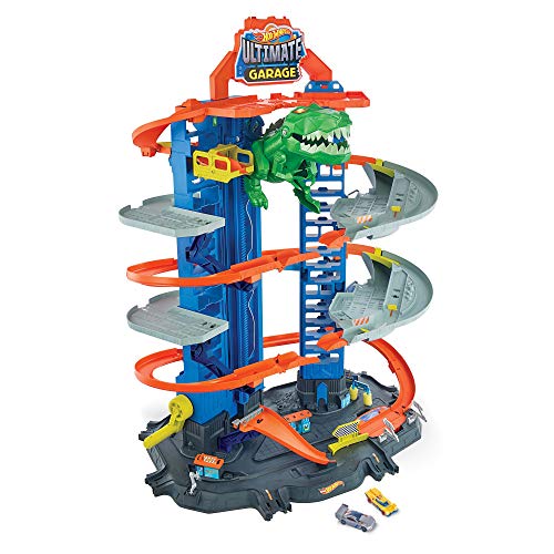 Hot Wheels City Ultimate Garage Track Set with 2 Toy Cars, Garage Playset Features Multi-Level Racetrack, Moving T-Rex Dino & Storage for 100+ 1:64 Scale Vehicles, Toy Gift for Kids 3 Years & Older