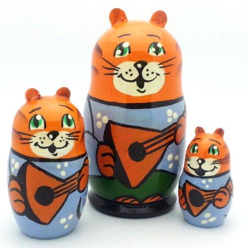 Cat Band with Russian Balalaika Nesting Doll Hand Painted 3 Piece Doll Set