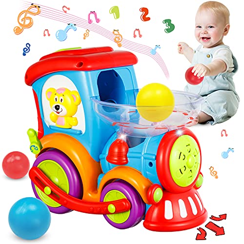 HISTOYE Toddler Train Developmental Toys for 1 2 3 Year Old Boy Girl Gifts Drop and Go Toy Baby Train with 3 Popper Ball Music Light Baby Car Toys Educational Learning Toys for 12 18 24 Months