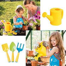 Load image into Gallery viewer, INNOCHEER Kids Gardening Tools, Garden Tool Set for Kids with Gardening Guide Book, Watering Can, Gloves, Shovel, Rake, Trowel, Kids Smock and Hat, All in One Gardening Tote (Multicolored)
