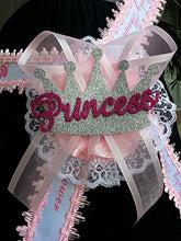 Load image into Gallery viewer, Baby Shower Mom To Be It&#39;s a Girl Sash with Princess Crown Pink Ribbon Corsage

