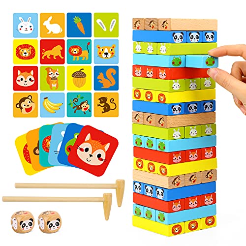 TOOKYLAND 54 PCS Colorful Wooden Blocks Stacking Board Game for Kids 4-8, Tumble Tower Game with 24 Animal Cards, 2 Dice, 2 Hammers