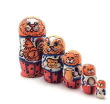 Load image into Gallery viewer, Orange Cat with Chiken Nesting Dolls Russian Hand Carved Hand Painted 5 Piece Matryoshka Set
