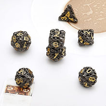 Load image into Gallery viewer, Polyhedral Metal Dice Set DND Black Hollow for Dungeon and Dragon Dice Games Role-Play RPG Pioneer Game DND Dice Set 7pcs-with Metal Case
