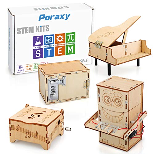 4 Set STEM Kit, Wooden Building Kits, STEM Projects for Kids Ages 8-12, Music Box,Robot 3D Puzzle Science Experiment Educational Model Toy, Gifts for Boys and Girls 8 9 10 11 12 Year Old