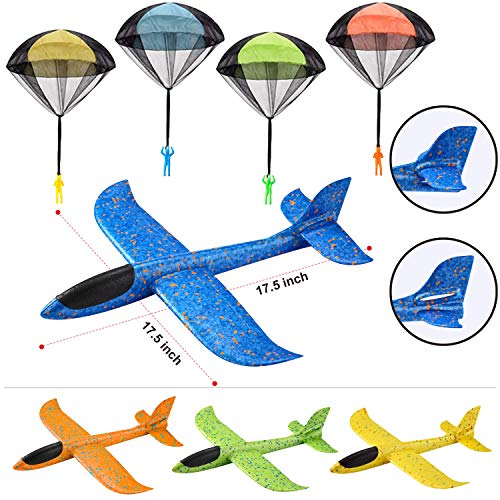 JOYIN 8 Pack 2 in 1 Foam Airplanes and Parachute Toy Combo Set, 2 Flight Mode Glider Planes, Large Throwing Foam Planes and Parachutes, Flying Toys for Kids Outdoor Play,Kids Backyard Outdoor Toys!
