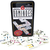 SKKSTATIONERY 28 Pcs Double 6 Color Dot Dominoes Game, White Domino in Tin Box.