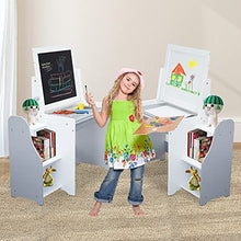 Load image into Gallery viewer, Kinsuite Multiple Kid Easel 3 in 1 Art Easel &amp; Desk with Storage Book Shelves, Chair &amp; Replaceable Paper Roll, Flipped Dual-Sided Magnetic Chalkboard and Whiteboard, White
