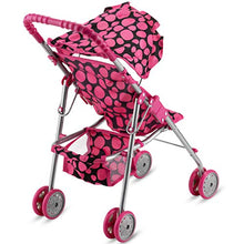 Load image into Gallery viewer, HUSHLILY - Foldable Baby Doll Stroller with Smooth Rolling Wheels with Adjustable Canopy &amp; Basket - Pink &amp; Black Polka Dots
