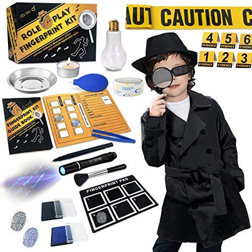Spy Kit for Kids Detective Outfit Fingerprint Investigation Role Play Dress Up Educational Science STEM Toys Costume Secret Agent Finger Print Identification Set Boys Girls Age 6+ Birthday Gifts
