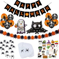 Halloween Party Decorations Kit Indoor 84Pcs- Happy Halloween Banner, Paper Spider Garland, Latex Balloons, Ghost and Bat Foil Ballons, Spider and Web, Photo Booth Props, Horror Decor for Home Bar