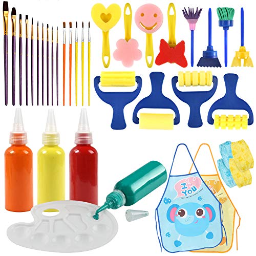BigOtters Washable Finger Paint Set, Early Learning Kids Paint Set with Assorted Sponge Paint Brushes Smock Palette for Kids Home Activity School Prizes Art Party , 34PCS Set