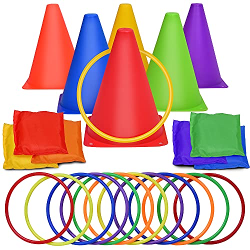 FUN LITTLE TOYS 3 in 1 Carnival Outdoor Games, Bean Bag Toss Game for Kids, Plastic Cones Ring Toss Party Game for Indoor or Outdoor Birthday Gifts 25Pieces Set
