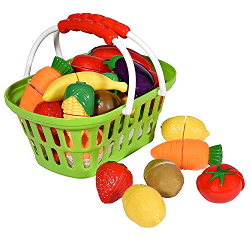 Playkidz: Super Durable Healthy Fruit and Vegetables Basket Pretend Play Kitchen Food Educational Playset with Toy Knife, Cutting Board (32 Pieces of Fruit and Vegetable Toys)