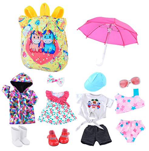 iBayda Fashion Doll Clothes Accessories Play Set for 18 inch Dolls Include Backpack, Umbrella, Outfit, Bikini, Shoes, Sunglasses (No Doll)