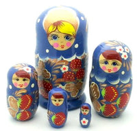 Russian Traditional Blue Matryoshka Hand Painted Nesting Set of 5 Dolls / 5