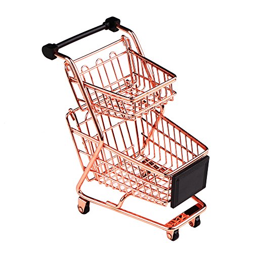 wgg Mini Metal Shopping Cart Supermarket Handcart Trolley, Table Office Novelty Decoration, Creative Storage Tools (Rose Gold, Double-Deck)