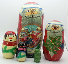 Load image into Gallery viewer, Santa with Kids Russian Nesting Dolls Hand Painted 5 Piece Set with Snowman Christmas Tree Penguin
