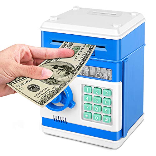 Adsoner Cartoon Piggy Bank, Electronic ATM Password Cash Coin Can Auto Scroll Paper Money Saving Box Gift for Kids (Blue)