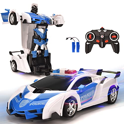 VillaCool Remote Control Car, Deformation Robot Police Car Toy for 4-13 Yrs Old Kid RC Vehicle One Button Deformation & 360 Speed Drifting, Best for Boys (Police Blue)