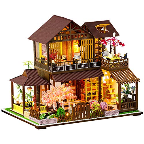 ZQWE Japanese Style 3D Wooden Dollhouse Kit with Furniture DIY Assembled Toy House Retro Villa Kit Creative Cute Holiday Birthday with Dust Cover