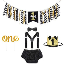 Load image into Gallery viewer, Boy First Birthday Outfit and Decorations - 1st Birthday Cake Smash Outfit and Birthday Banner, Crown, Cake Toppers Party Supplies Set (Black Polka Dot)
