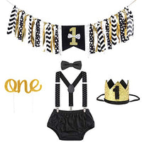 Boy First Birthday Outfit and Decorations - 1st Birthday Cake Smash Outfit and Birthday Banner, Crown, Cake Toppers Party Supplies Set (Black Polka Dot)