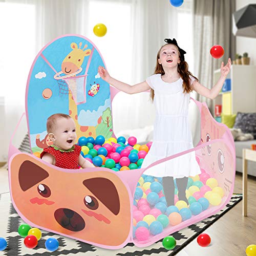 SOONHUA Kid Ball Pit with Basketball Hoop,Toddler Ball Pool Baby Crawl Playpen,Extra Large Foldable 4 Ft Ball Pits Pool Play Tent for 1-6 Years Child Toddler Ball Ocean Tent (Balls Not Included)