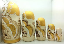 Load image into Gallery viewer, Church Nesting Dolls Wood Burned Hand Carved Hand Painted 5 Piece Doll Set 7&quot; Tall in Gold Color
