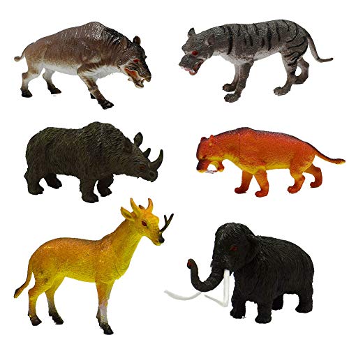 Prehistoric Animal Model,6Pcs Simulation Mammoth Saber Tooth Tiger Rhinoceros Prehistoric Animal Model Toy Mixed Color