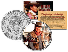 Load image into Gallery viewer, John Wayne&quot;Chisum&quot; OFFICIAL JFK Half Dollar US Coin - Officially Licensed w/COA
