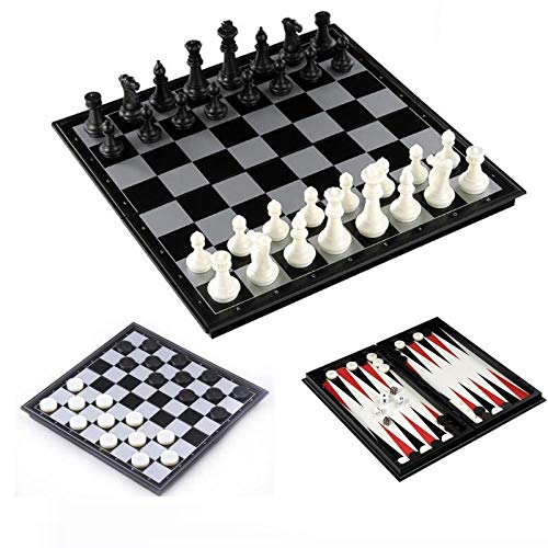 FIBVGFXD Chess and Checkers and Backgammon, 3 in 1 Plastic Chess Set, Travel Chess Game Magnetic Chess, Pieces Folding Chess Board (32X32X2CM)