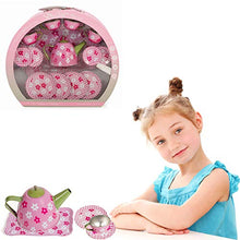 Load image into Gallery viewer, IQ Toys Tin Tea Set and Carry Case for Little Girls Pretend Tea Party in Bright Colors and Dainty Design
