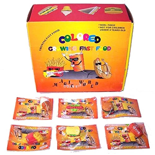 48 Pieces ( 4 Dozen ) Bulk Lot Assorted Toy Mini Magic Growing Fast Food Hot Dogs, Hambugers, Drinks, Ice Cream and Other Food Items - Just Add Water and Watch Them Grow