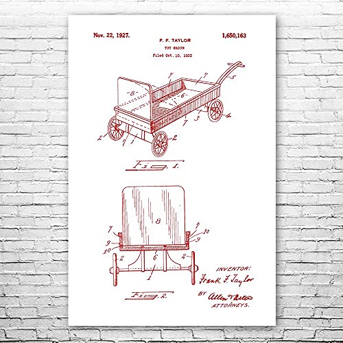 Patent Earth Toy Wagon Poster Print, Toy Collector Gift, Play Room Art, Vintage Toy Wagon, Toy Store Art, Toy Wagon Blueprint Red & White (13 inch x 19 inch)