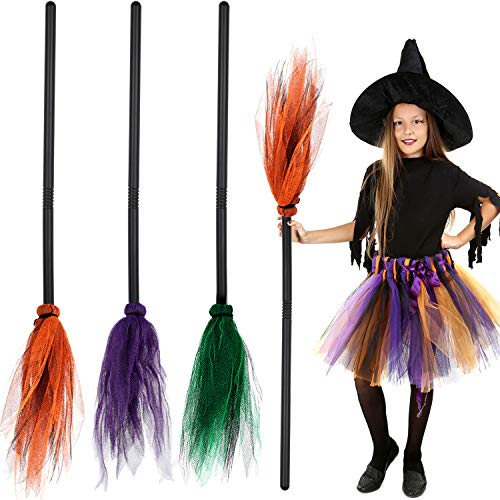 3 Pieces Halloween Witch Broom Plastic Witch Broomstick Kids Broom Props Witch Broom Party Decoration for Halloween Costume Decoration, 3 Colors (Green, Purple, Orange)