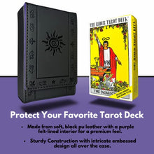 Load image into Gallery viewer, Luck Lab Leather Tarot Card Case/Holder - Black - For Most Standard Size Tarot Cards (Fits Deck size with Box measuring 4.875 x 2.875 x 1.25)- Sun Design
