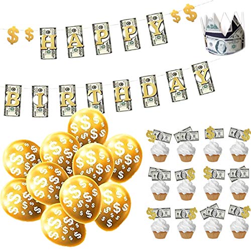 YiiiGoood Money Theme Decoration KIT Bill Dollar Signs Birthday Banner Cupcake Toppers Currency Symbol Balloons Crown Set for Birthday Casino Wedding Showers Retirement Anniversary Graduations Party