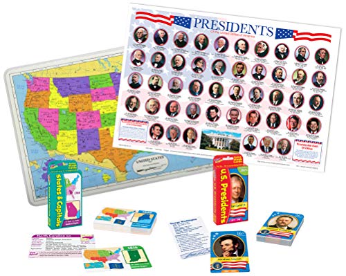 Laminated Educational Placemats for Kids - US Presidents (with Joe Biden), USA Map with Pocket Flash Cards: US States and Capitals, United States Presidents | Set of 4 Items